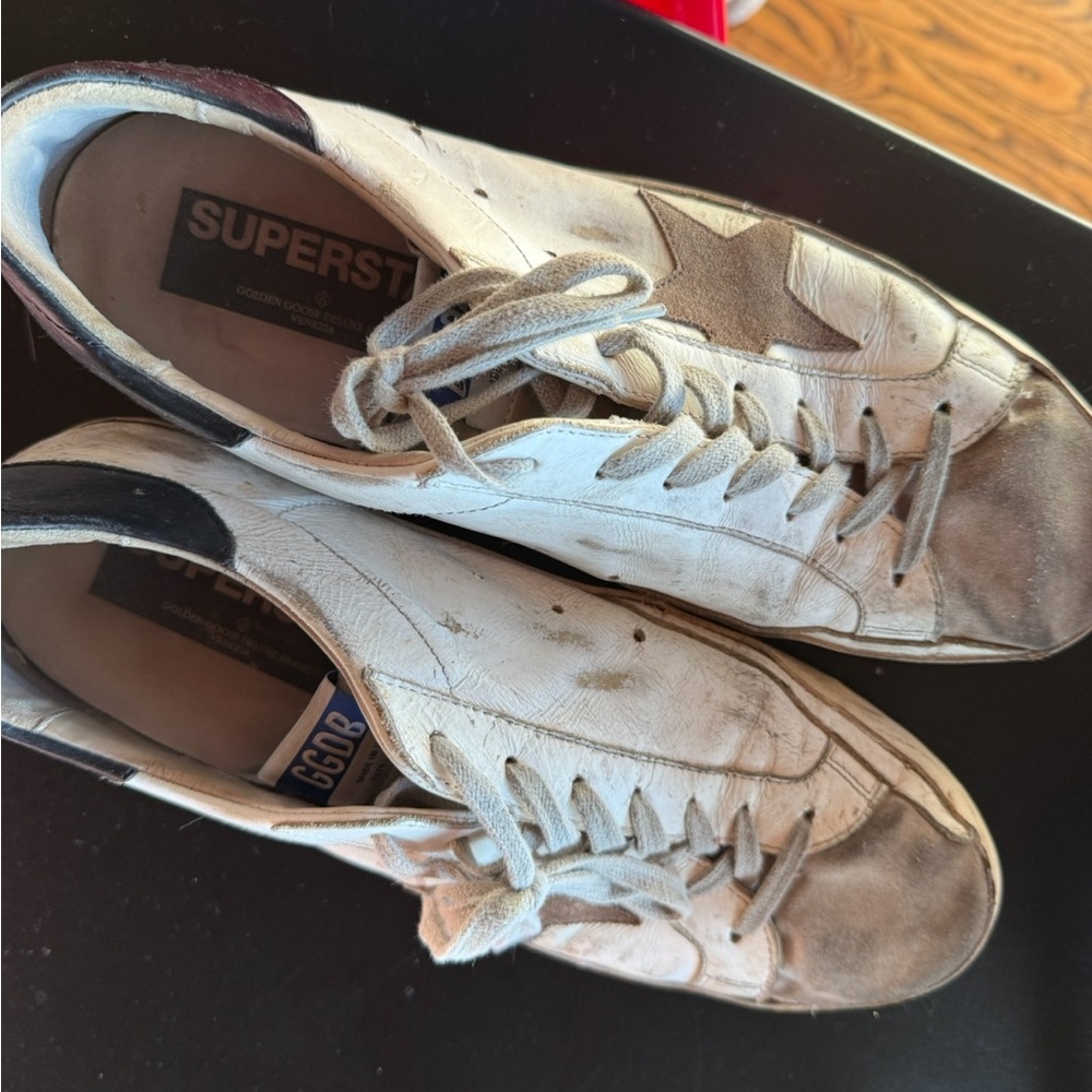 Golden Goose White Leather Sneakers with Taupe Star and Gray Accents